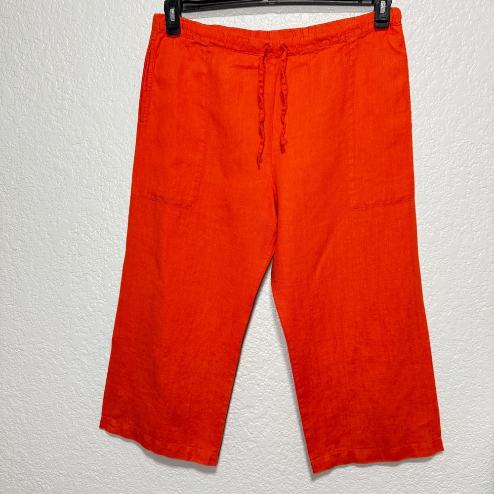 Chico’s Design 100% Linen Orange Pull On Drawstring Pants Size 1 Medium Wide Leg